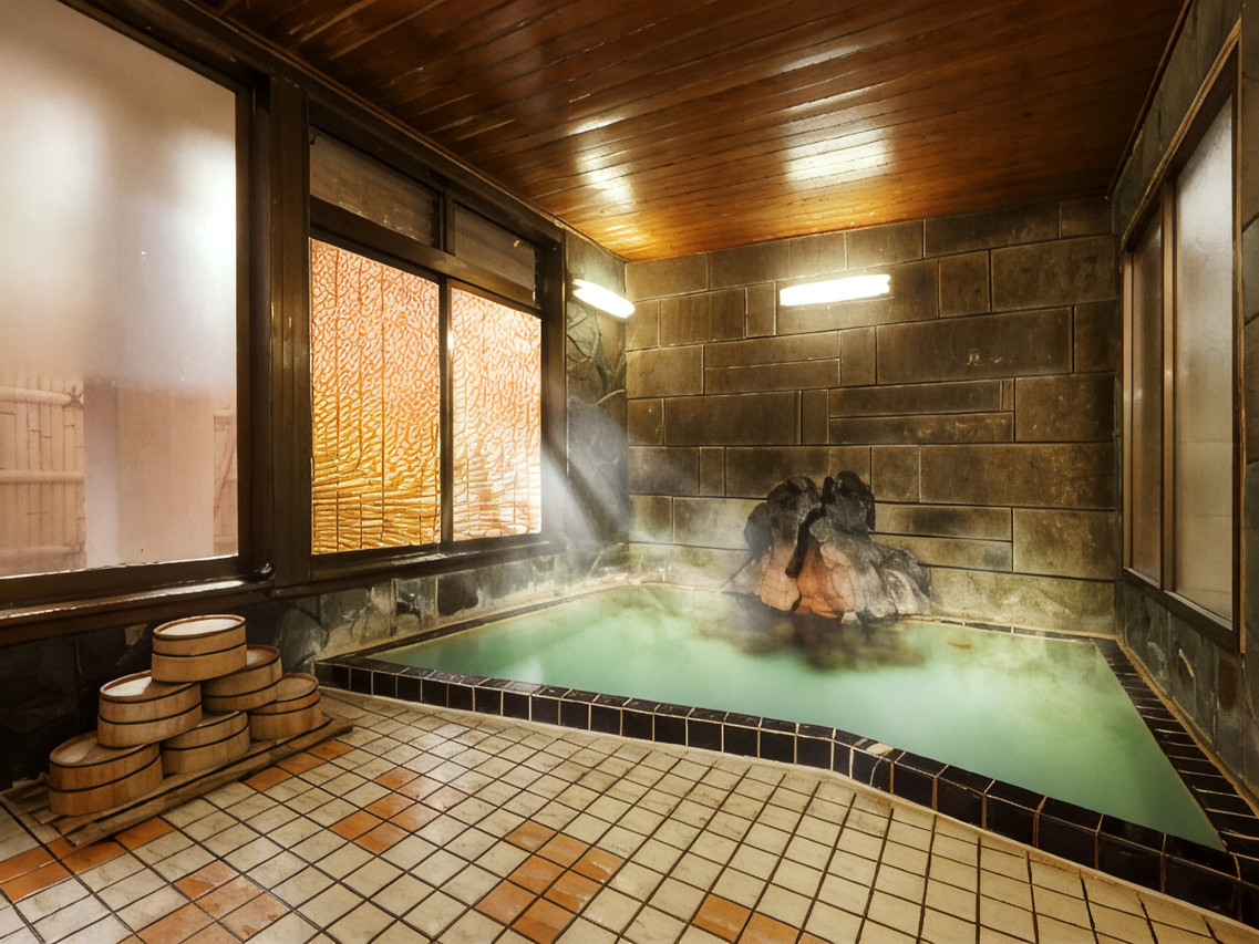 A stone-lined indoor bath.