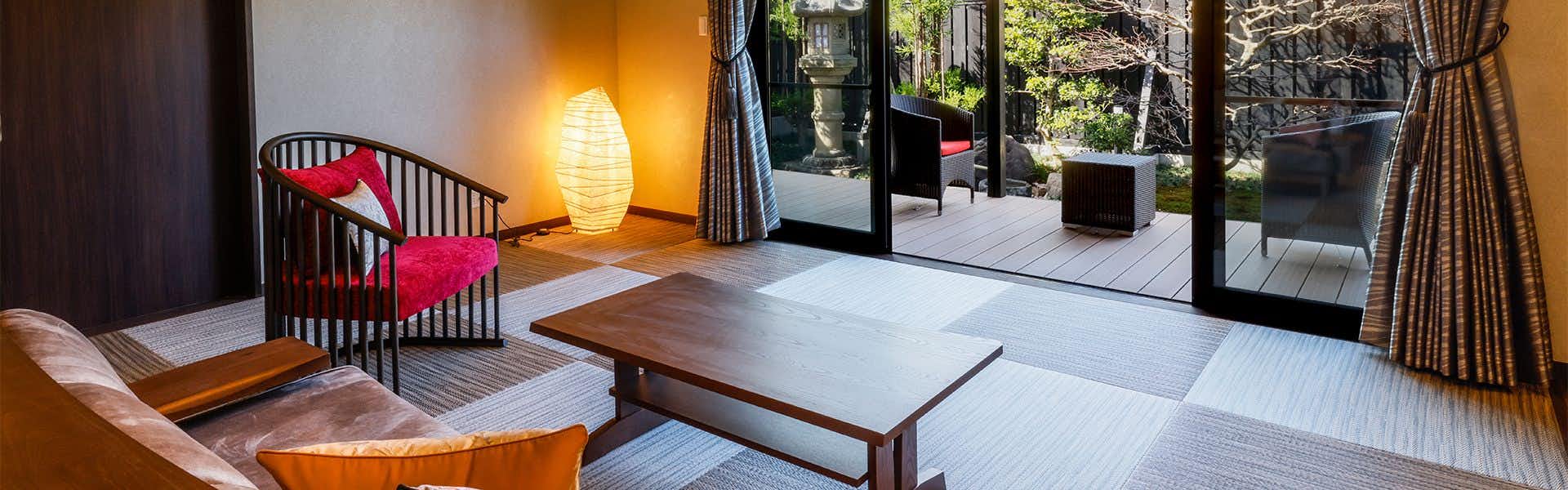 Hanare Koyado Mizuyashiki by the Lakeside tatami sitting room opening to a small garden terrace