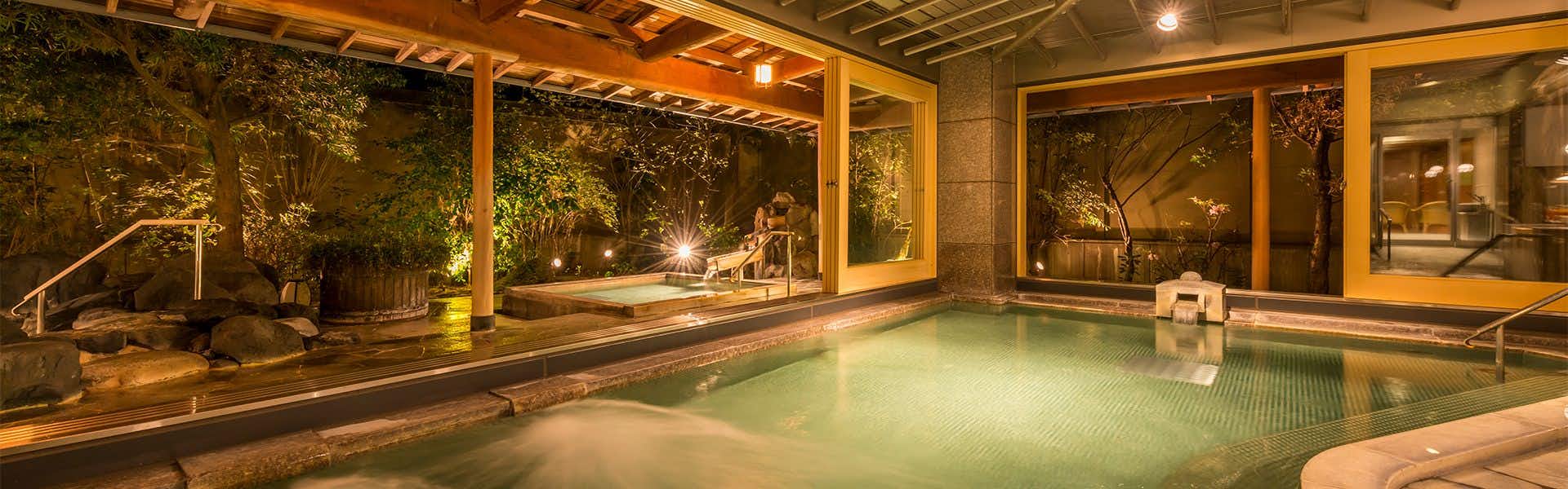 Tokiichiyu with an indoor stone bath overlooking dense coastal greenery.