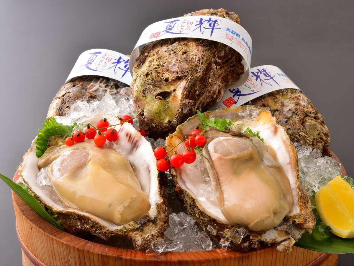 Mikaku no Oyado Yamadaya with large oysters presented with lemon and bright red berries.
