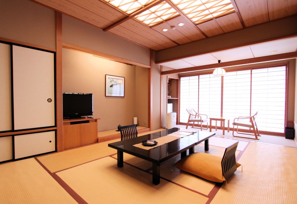 A Japanese guest room with a low table.