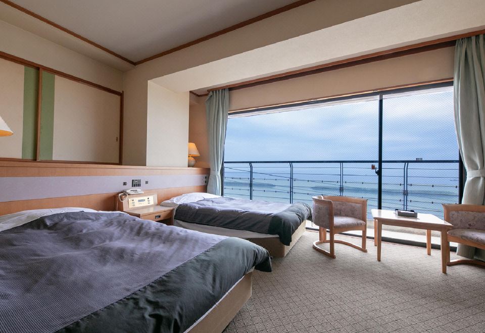 An ocean-view twin room.