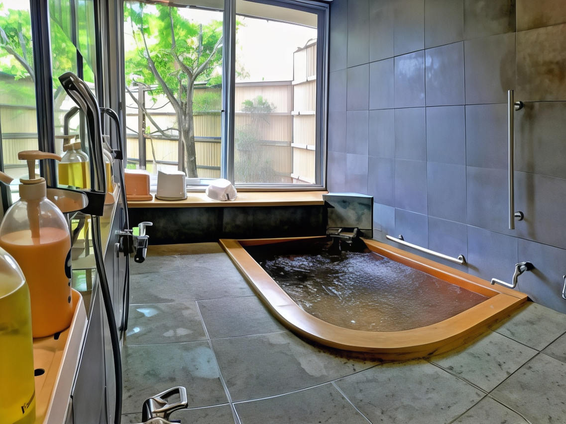 A stone and wood bathing area is lit by natural light.