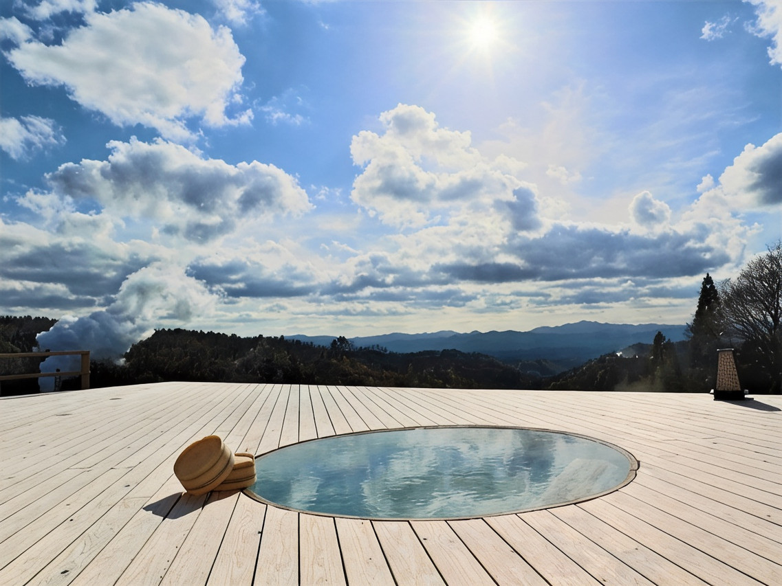 A terrace bath with a wide mountain view.