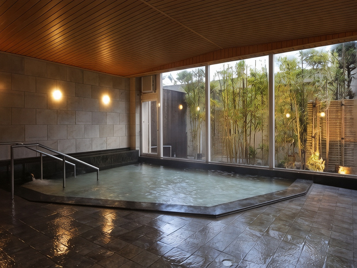 A large indoor bath beside windows facing bamboo.