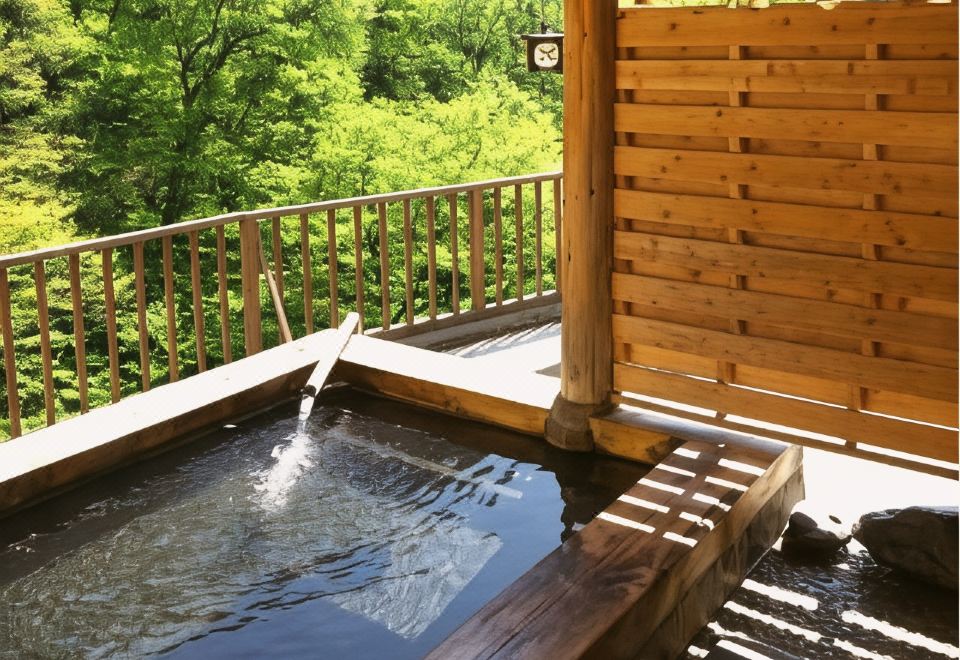 An outdoor bath on a wooden terrace overlooks dense green trees.