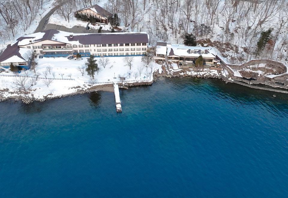 Aerial view of a lakeside property in snow.