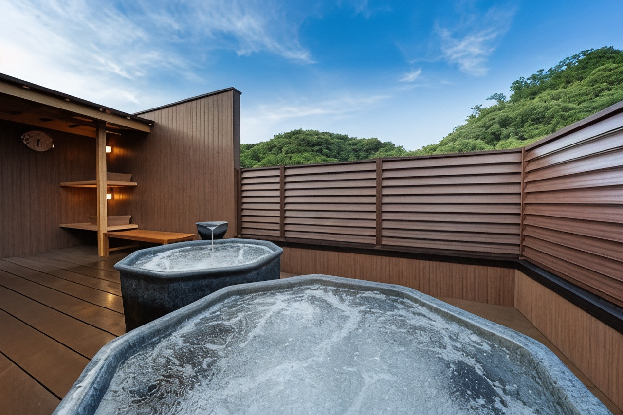 A rooftop bath deck is surrounded by tall privacy screens.