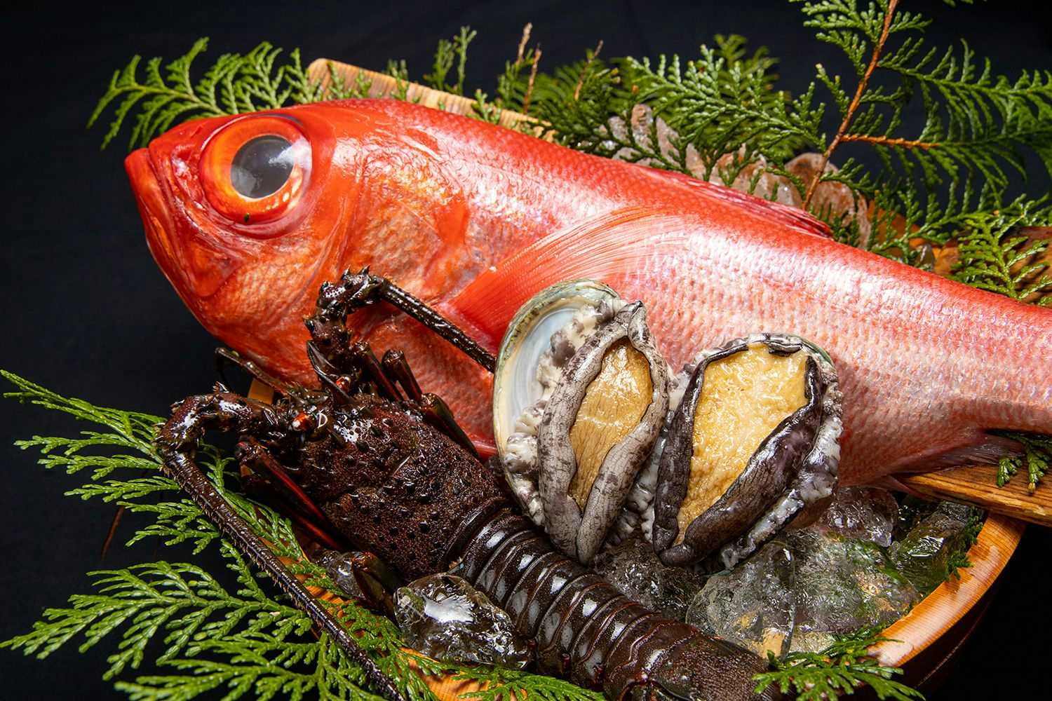 Komatsuya Hachinobo with a red whole fish presented with abalone and green foliage.