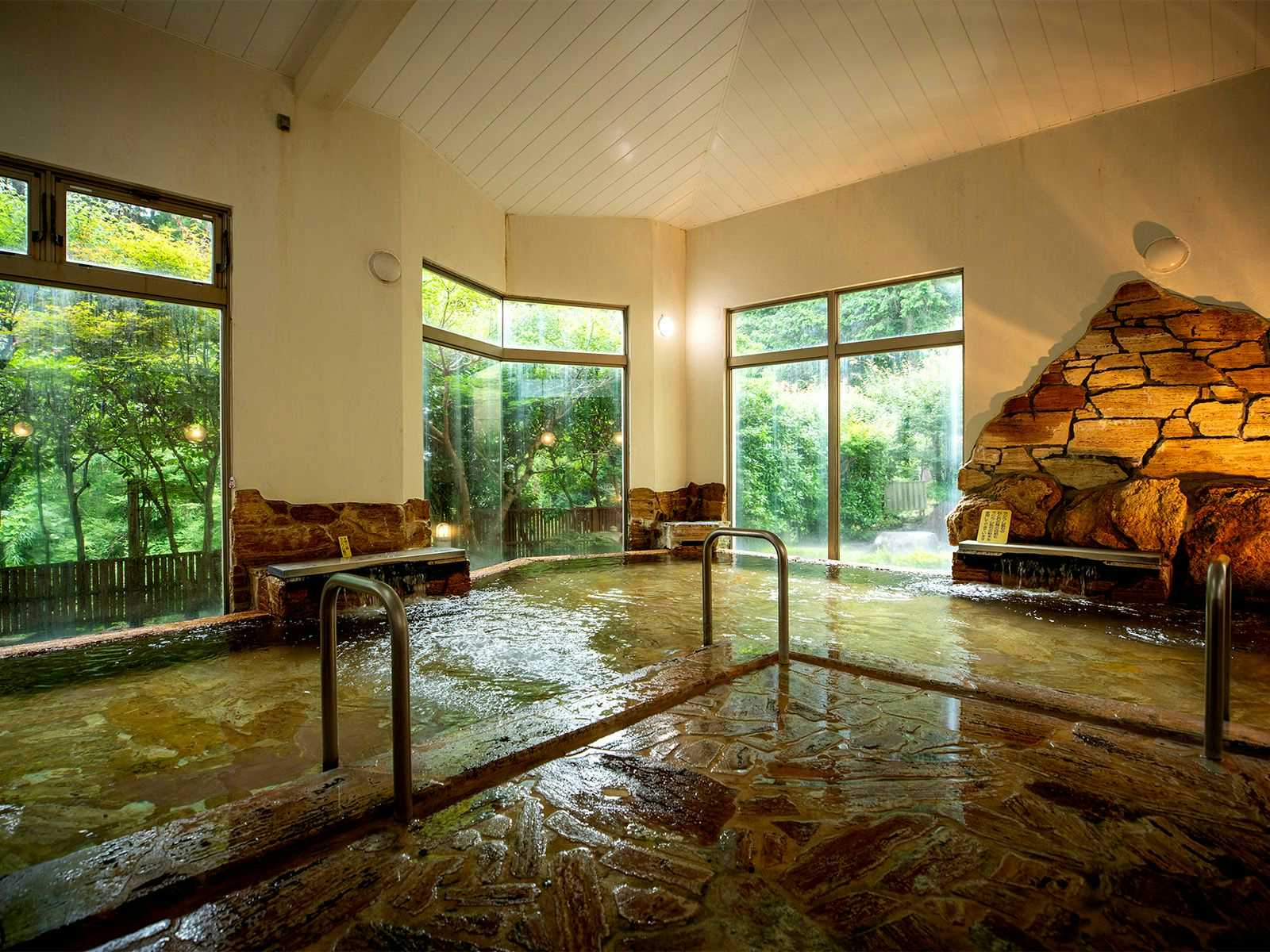 Ichinose with an indoor stone bath overlooking dense garden greenery.