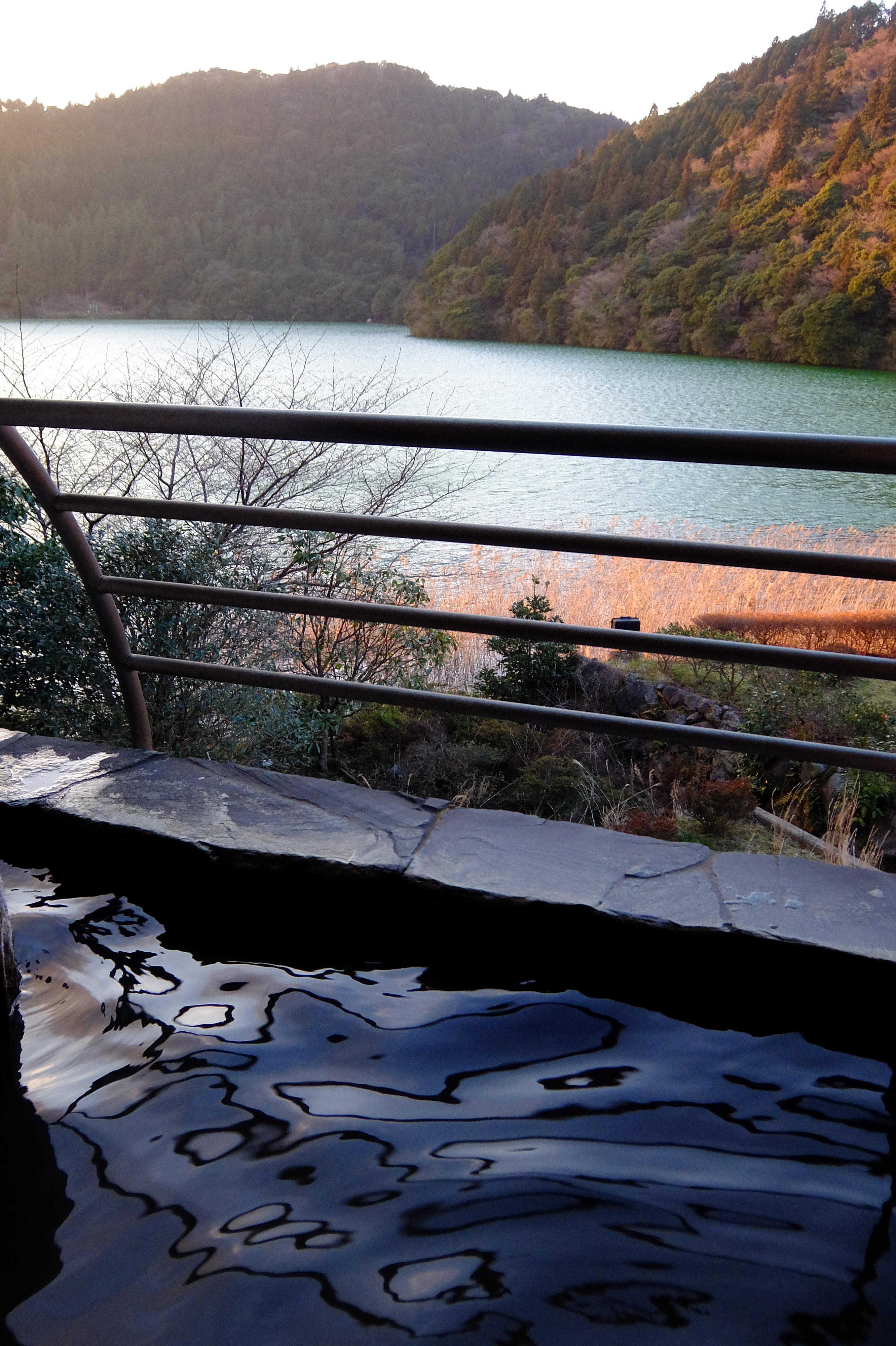 Unzen Onsen Gensen Kakenagashi & Oshidori no Ike wo Nozomu Bishoku no Yado Azumaen with dark-reflective bathwater foregrounding a pale-green-pond and wooded-hillside.