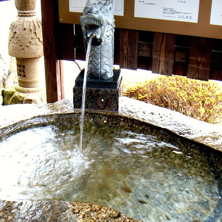 A stone water feature beside a garden.