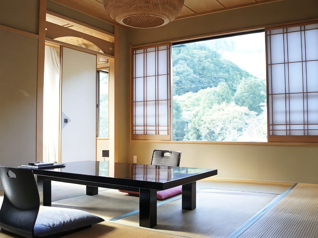 A tatami room with a low table and mountain view.