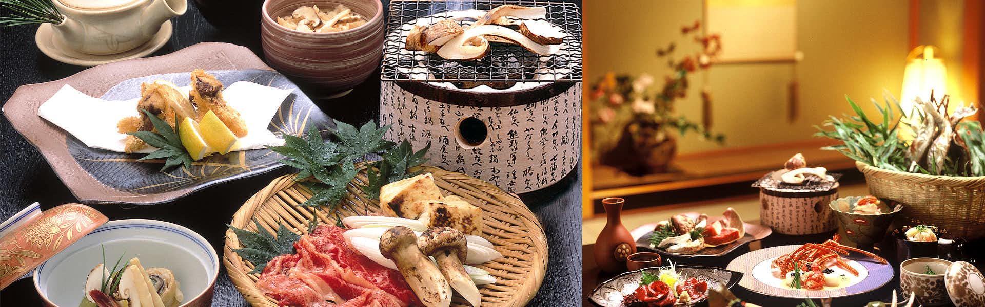 Nichouan Keigetsu with a seasonal dinner arranged around ceramic grills and bowls.