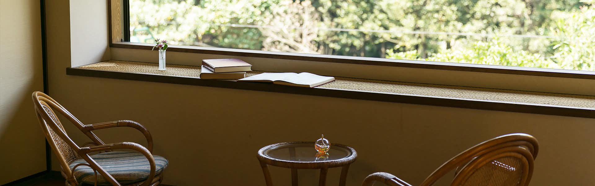 Hakone Yumoto Onsen Kisen-so Window-side shelf with stacked books and open pages, natural green foliage visible outside.