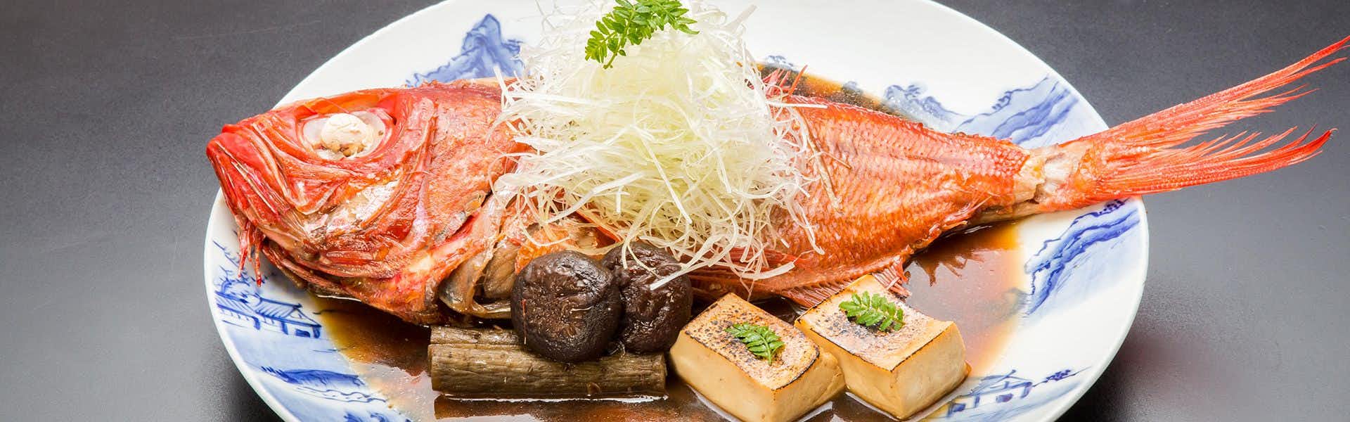 Hagoromo Hotel Reddish-orange plated item with extended portions on white decorated plate, arranged with dark rounded items, tan rectangles, green garnish, and brown sauce.
