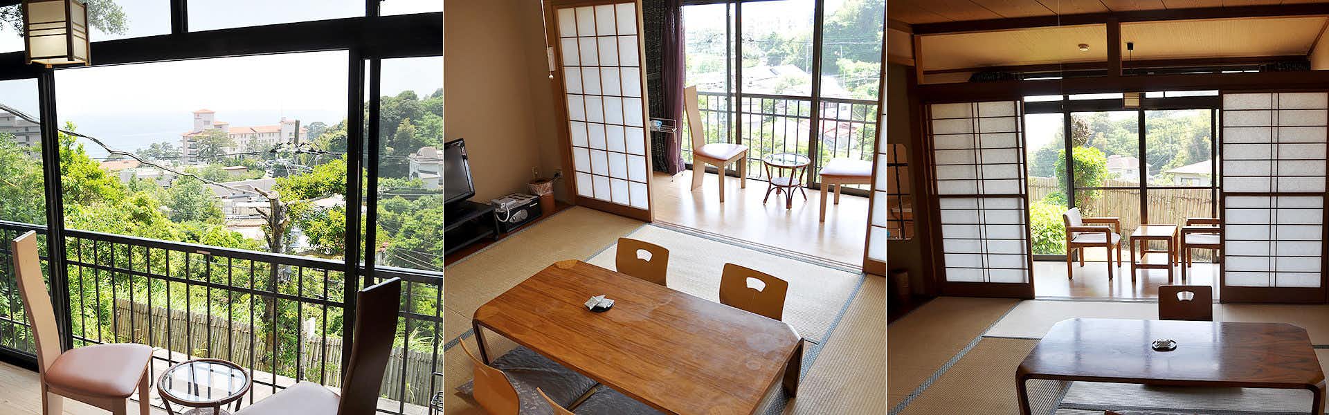 Imaihama Onsen Ryokan Kokoro Nodoka with a tatami sitting room opening toward a hillside balcony.