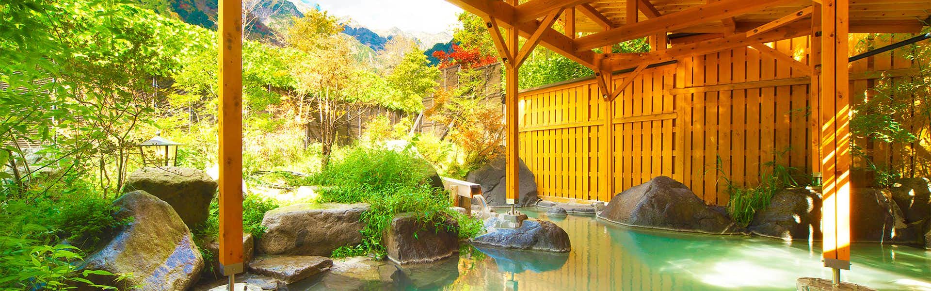 Hotel Hodaka with an outdoor mineral bath surrounded by leafy garden trees.