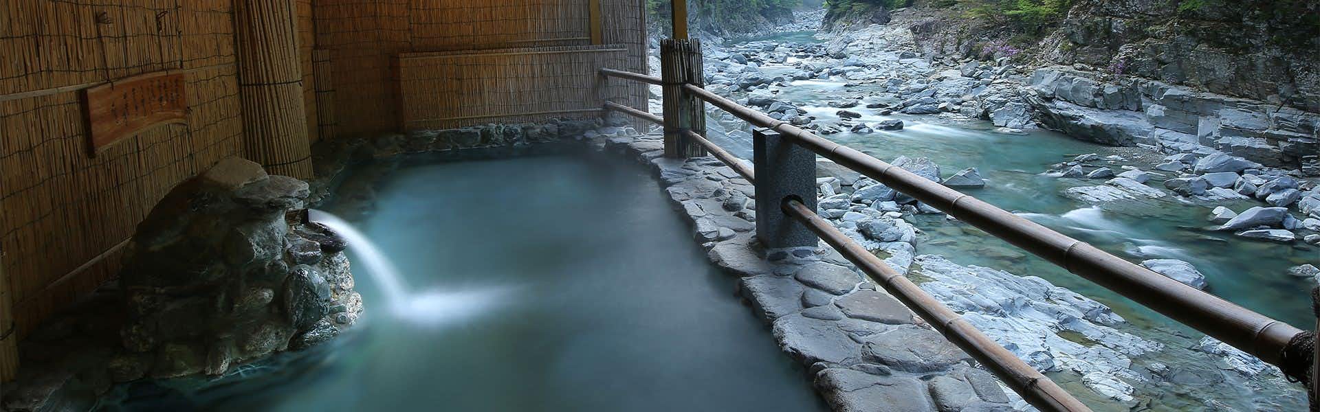 Hotel Iya Onsen Dark water with wooden post and metal railings beneath dark wooden ceiling.