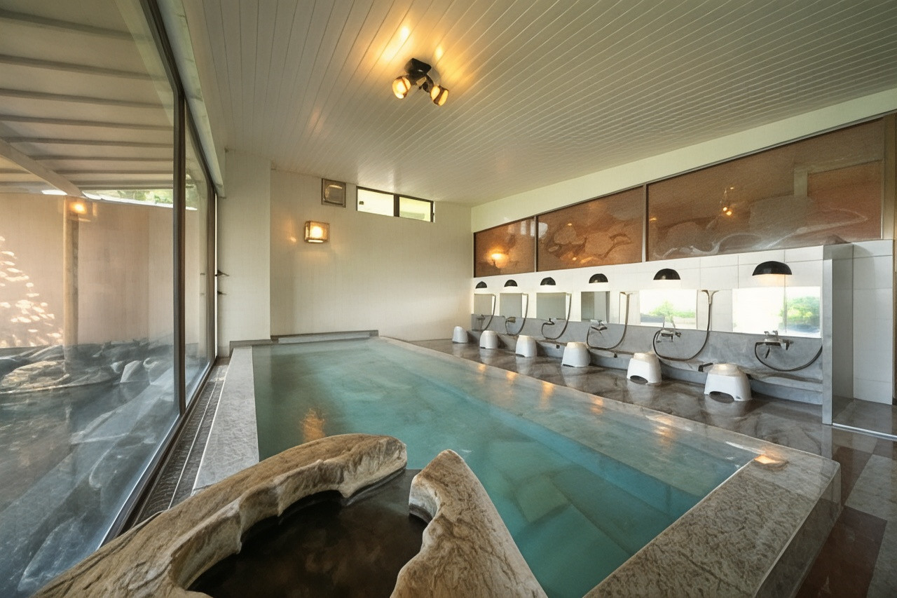 An indoor bath with a row of washing stations.