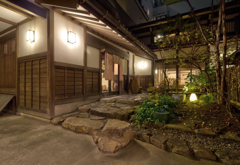 Traditional ryokan walkway and garden.