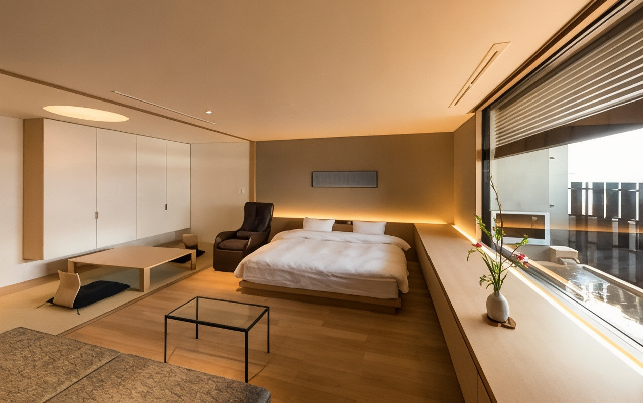A guest room combines a bed, seating, and a bright bathing area.