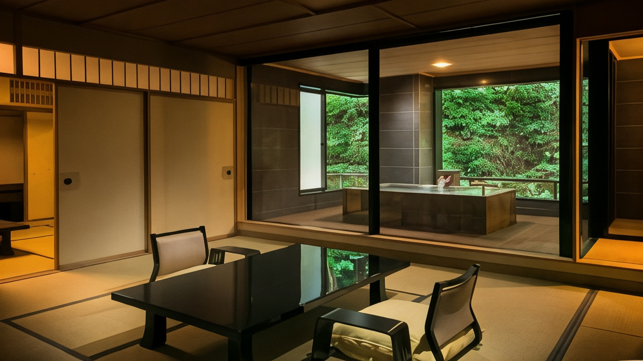 A room with a bath overlooking greenery.