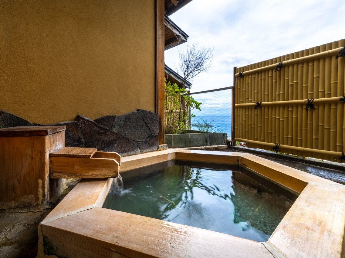 A private bath sits beside a timber wall.