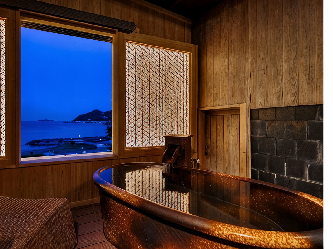 A wood-lined bath opens toward a blue evening view.
