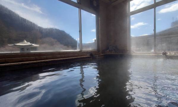 A steaming indoor bath with a mountain view.