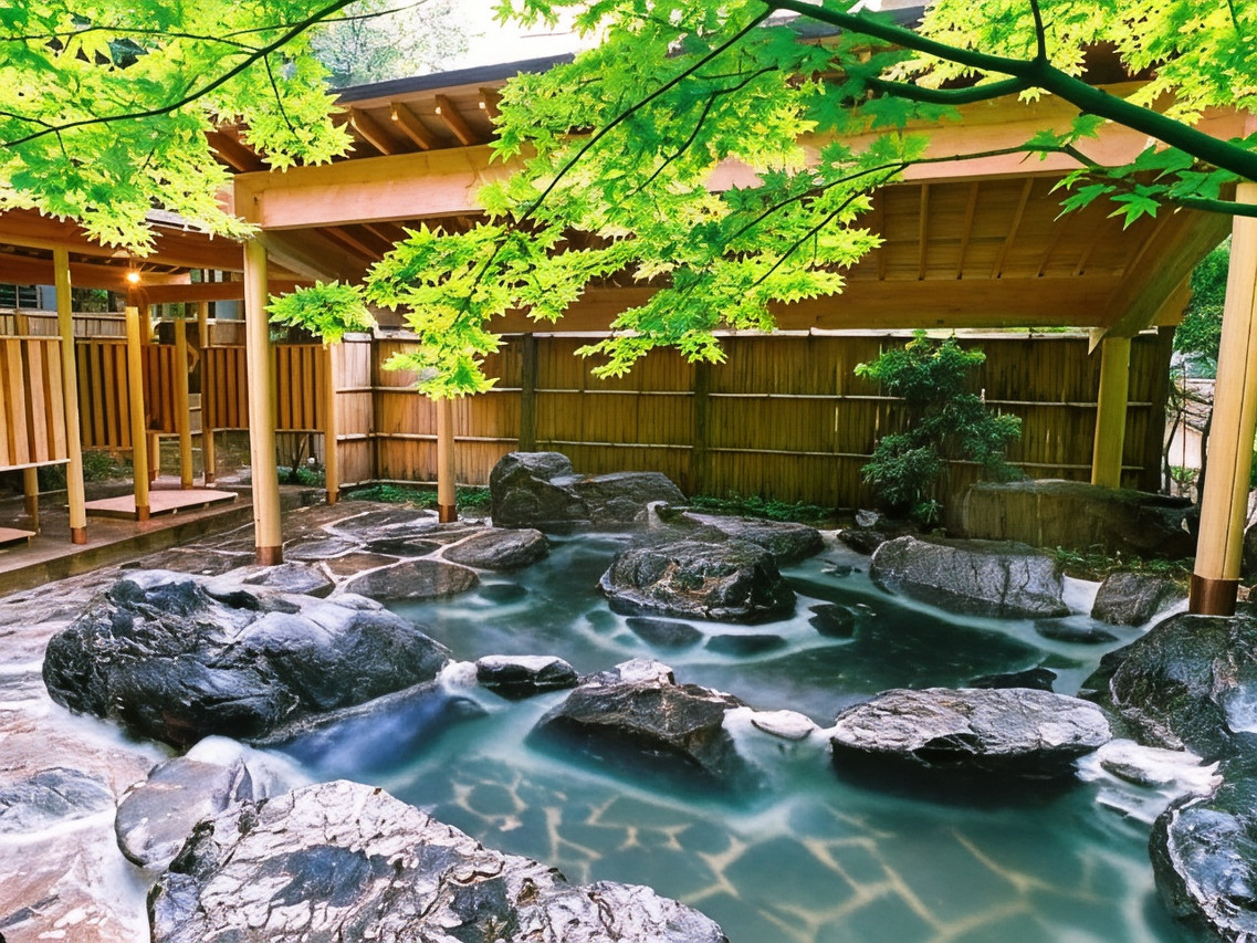 A stone-lined pool is framed by timber eaves and green leaves.