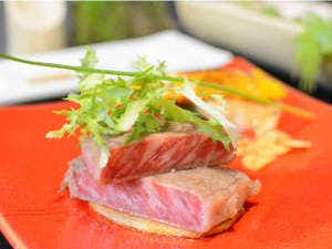 Ryokan Tamano-yu with grilled steak presented on a bright red plate.