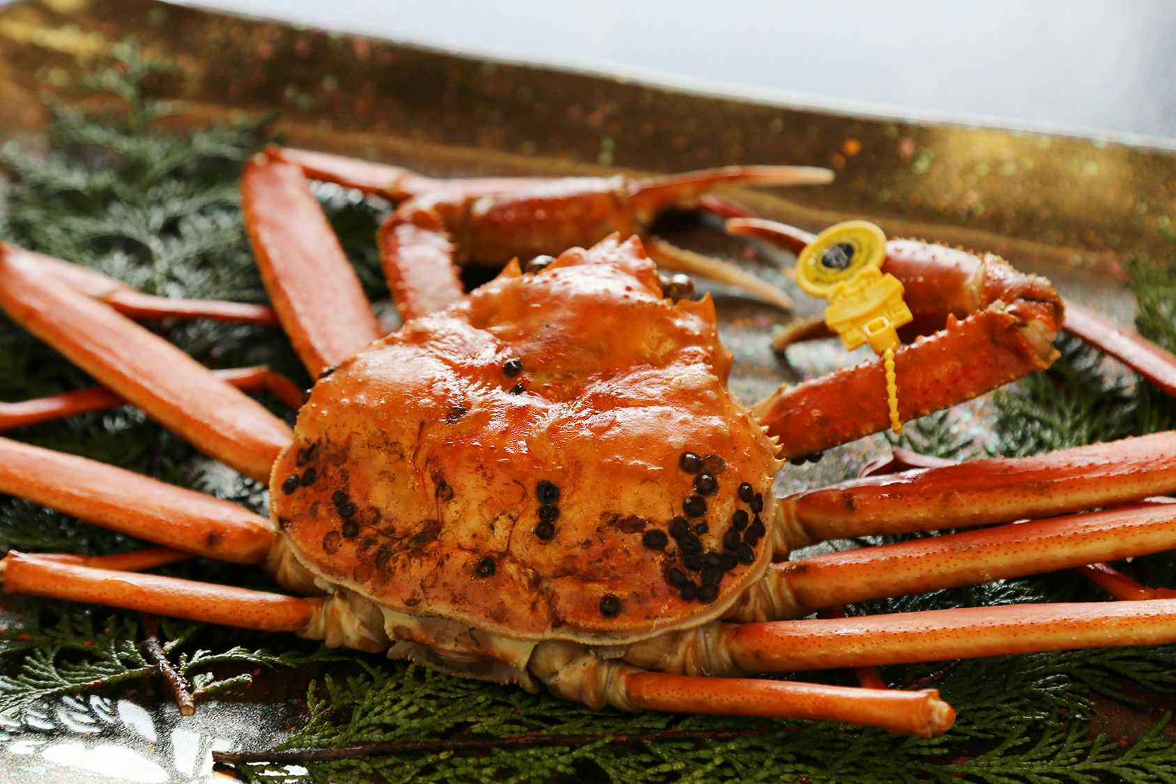 Bettei Yadokari with whole crab presented on a tray with green garnish.