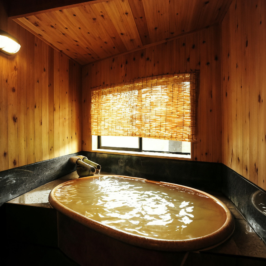 A wooden bathing room with a window view.