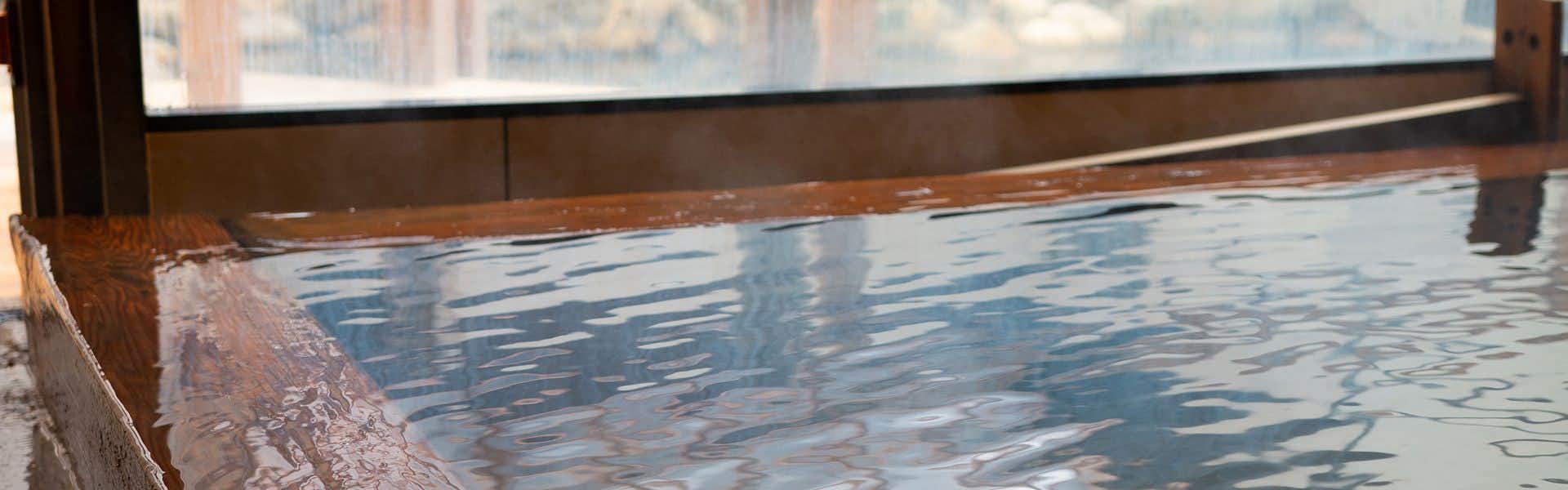 Irokan with this scene, where an indoor bath opens through a wide window toward a bamboo-lined garden.