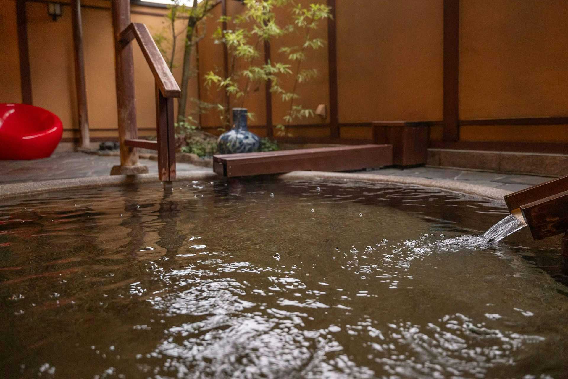 Nantokan Kikuno-ya with an outdoor stone bath flowing beside bamboo and garden foliage.