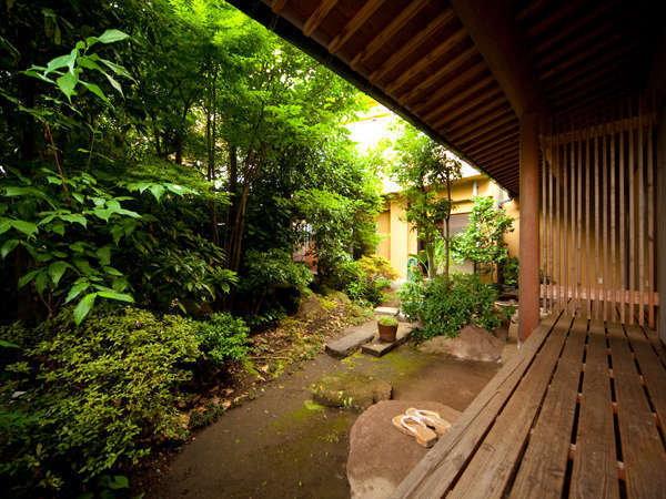 A wooden veranda borders a lush courtyard garden.