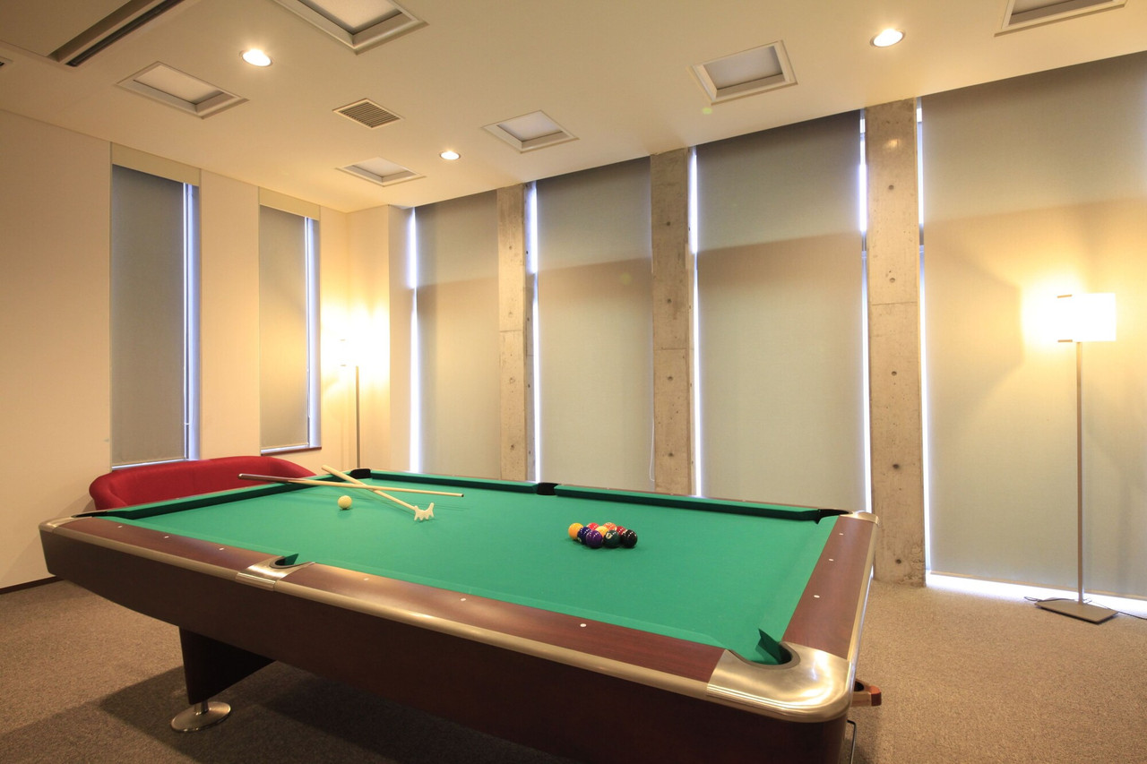 A billiards table in an indoor recreation room.