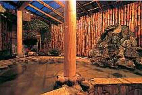 Ryokan Izumoya with this scene, where its open-air rock bath glows beneath a timber canopy and bamboo wall.