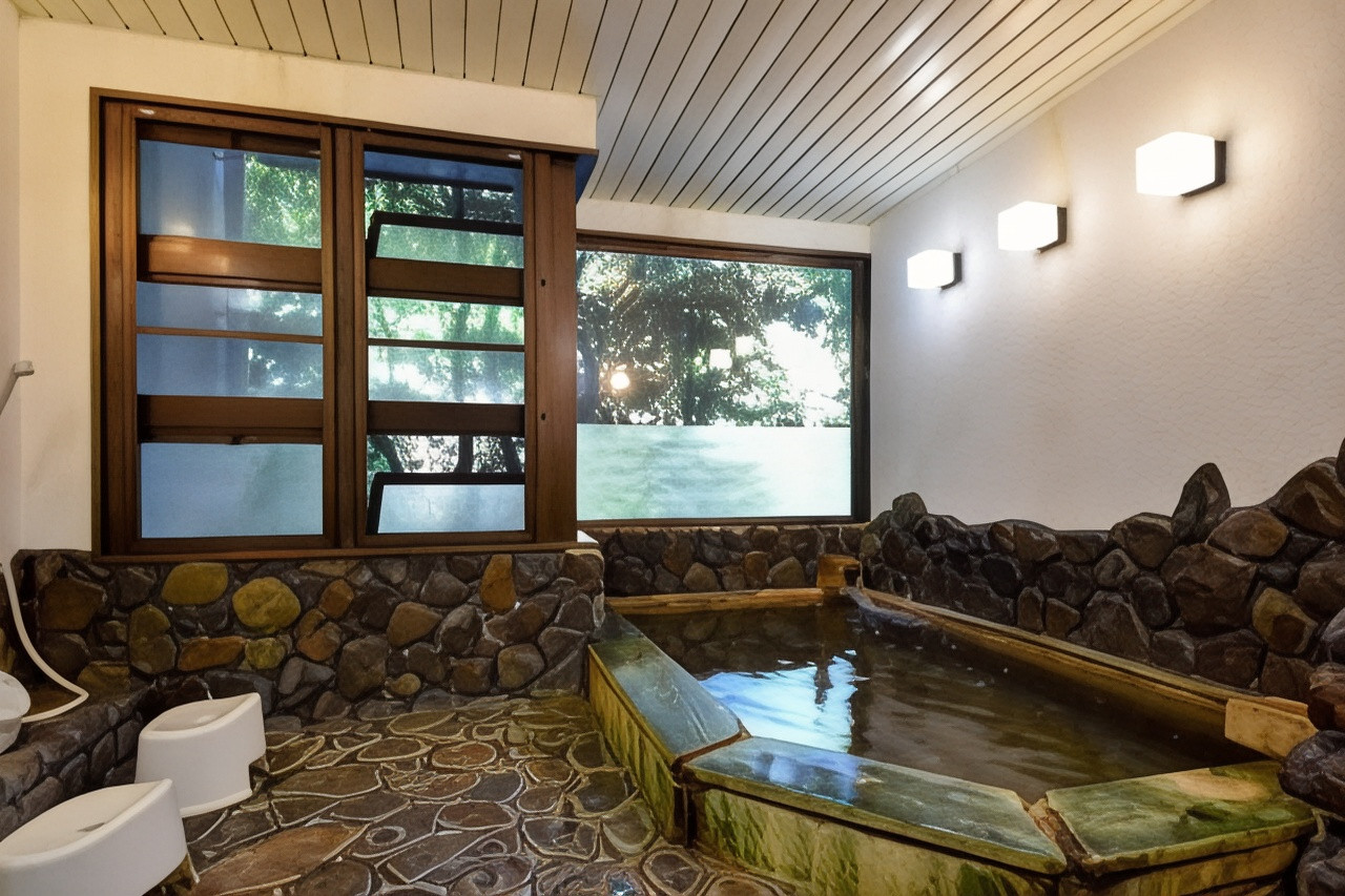 A stone-lined bath beneath a wooden window.