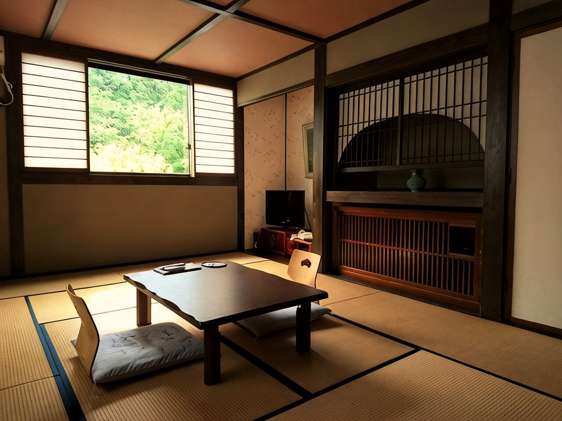 A Japanese-style room combines tatami flooring with a low table.