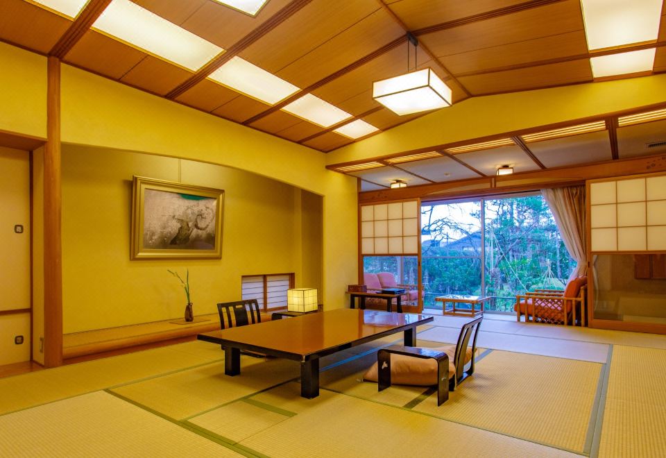 A Japanese-style lobby with seating.