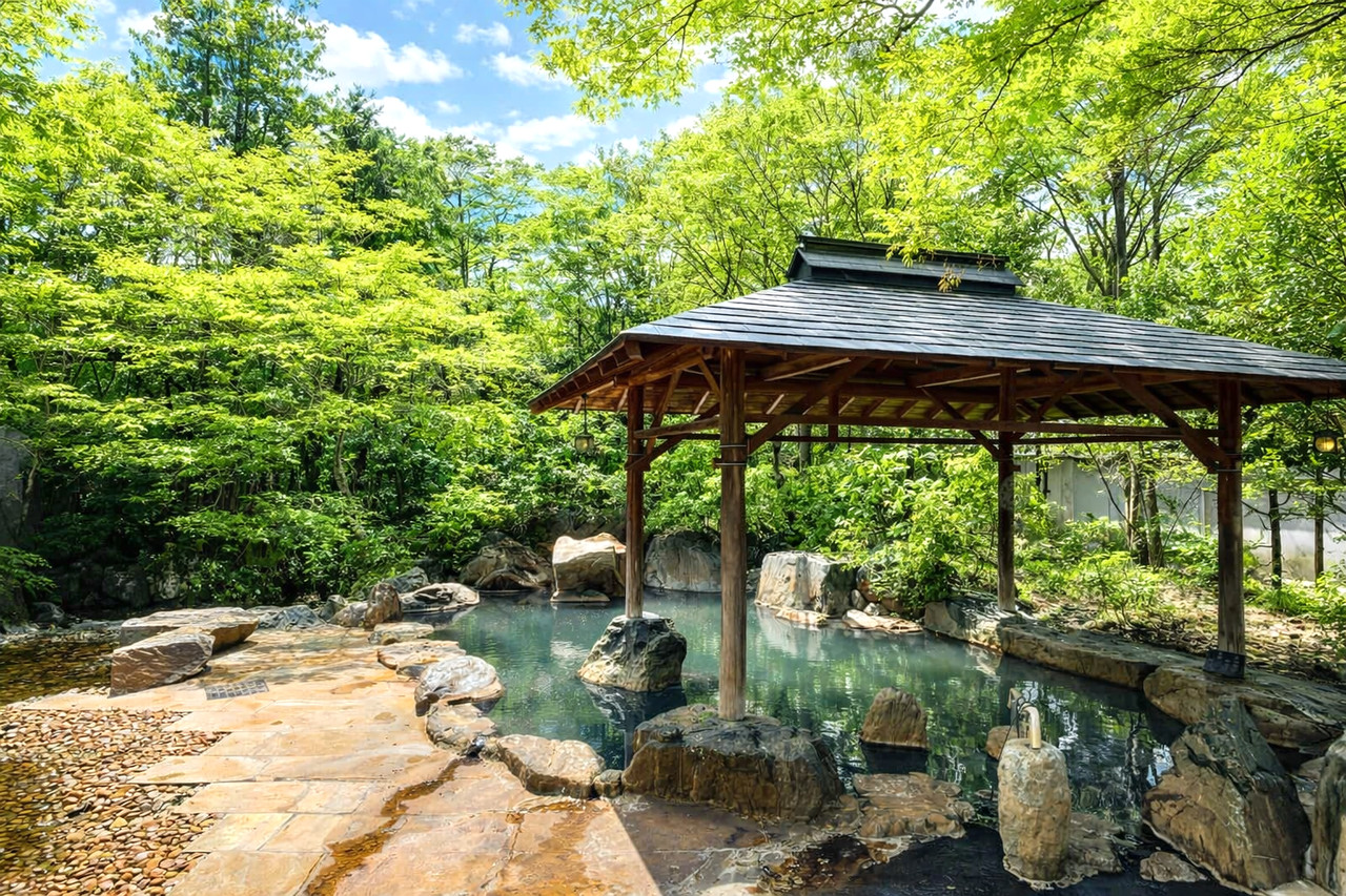 A covered outdoor bath beside a stream.