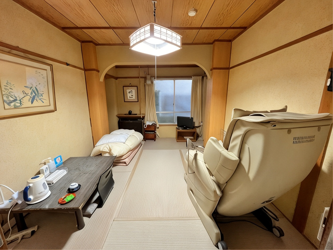 A bright room combines beds with a small sitting area.