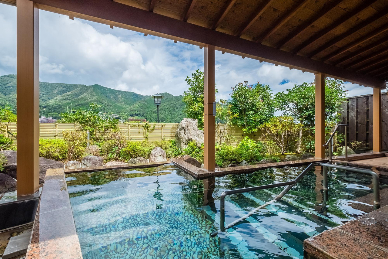 Indoor bath overlooking a garden.
