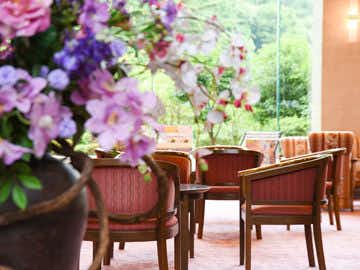 Arima Zuihouen with wooden lounge chairs beside a vase of purple flowers.