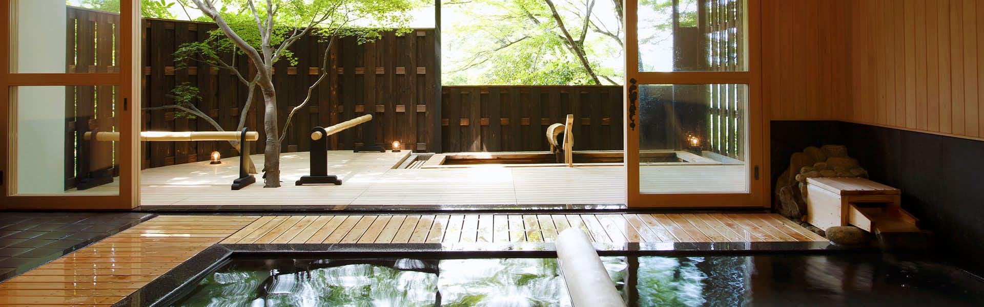 Arima Onsen Negiya Ryofukaku with a private mineral bath opening toward garden trees.
