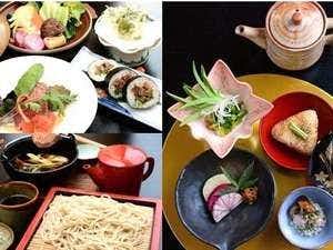 Oshu Hiraizumi Onsen Soba-an Shizukatei with multiple plates, bowls, sliced food, and a lidded cup