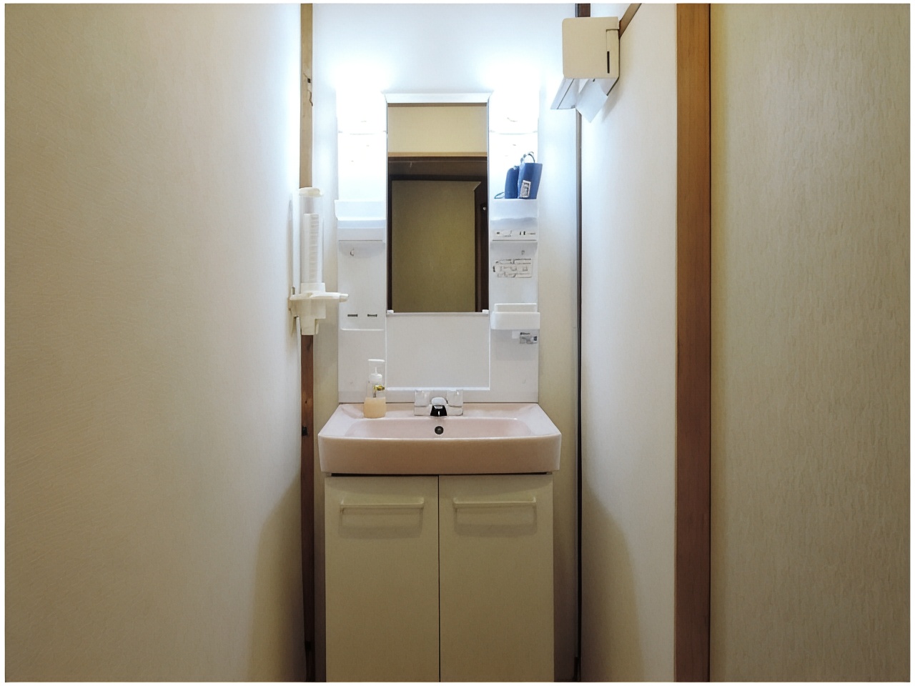 A compact washroom with a sink and mirror.