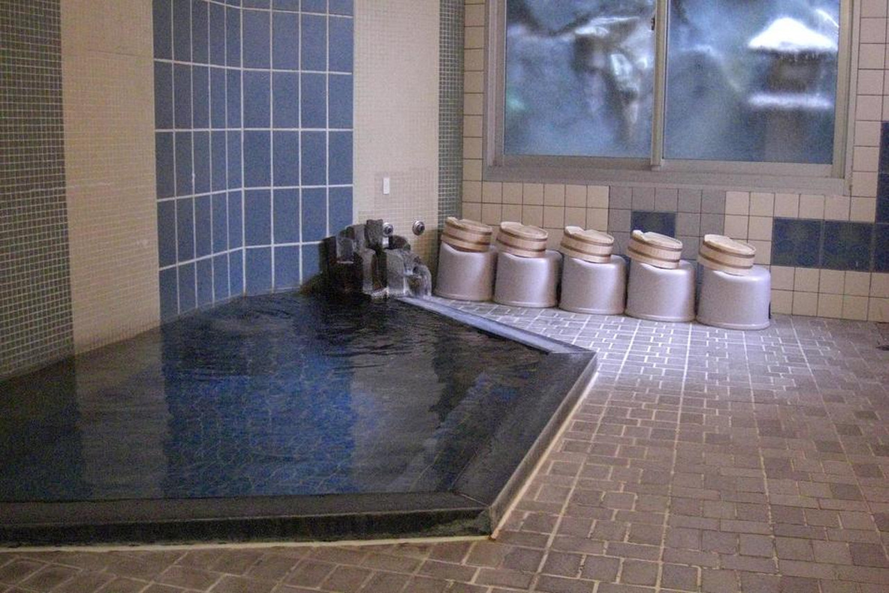 A tiled indoor bathing area with a large window.